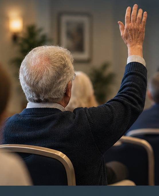 Older seminar attendee raising a hand to ask a question